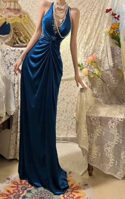Elegant Mermaid V Neck Satin Sequin Without Sleeves Long Prom Dress, Evening Dress C6689