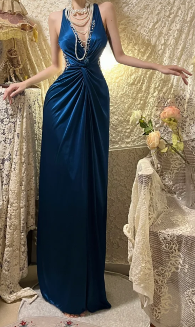 Elegant Mermaid V Neck Satin Sequin Without Sleeves Long Prom Dress, Evening Dress C6689