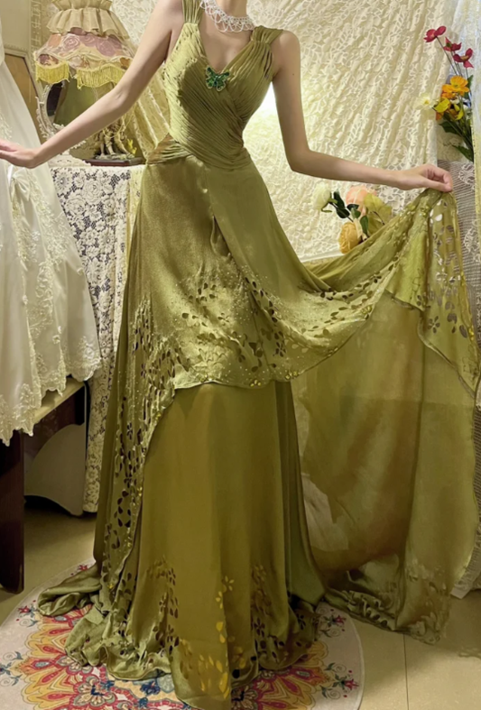 Chic A Line V Neck Satin Hollow Without Sleeves Long Prom Dress, Evening Dress C6690