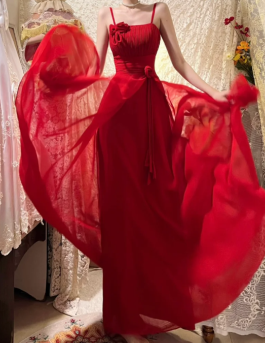 Pretty A Line Red Spaghetti Straps Chiffon Without Sleeves Long Prom Dress, Evening Dress C6691