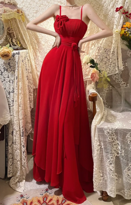 Pretty A Line Red Spaghetti Straps Chiffon Without Sleeves Long Prom Dress, Evening Dress C6691