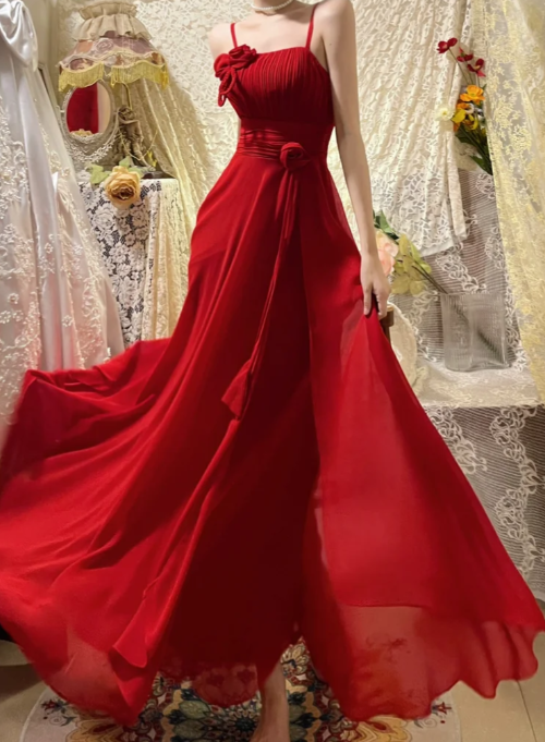 Pretty A Line Red Spaghetti Straps Chiffon Without Sleeves Long Prom Dress, Evening Dress C6691