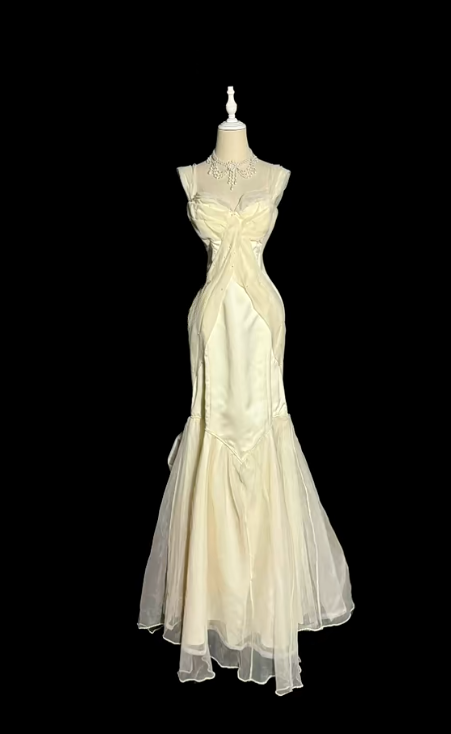 Chic Mermaid Ivory Spaghetti Straps Satin Chiffon Beaded Without Sleeves Long Prom Dress, Evening Dress C6692