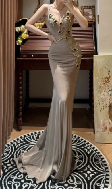 Sexy Mermaid V Neck Satin Lace Applique Without Sleeves Long Prom Dress, Evening Dress C6693