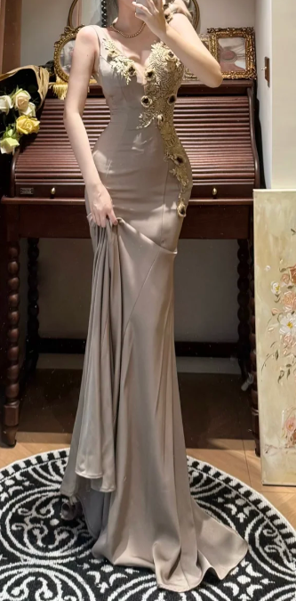 Sexy Mermaid V Neck Satin Lace Applique Without Sleeves Long Prom Dress, Evening Dress C6693