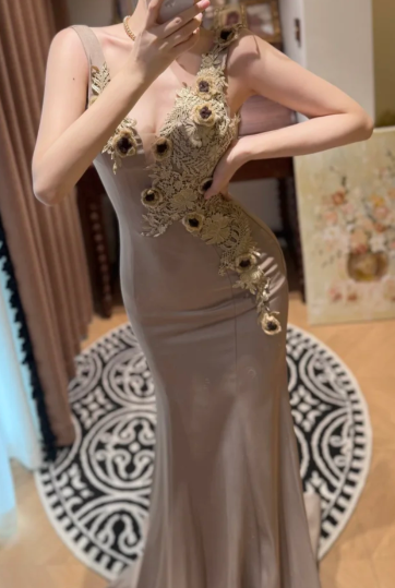 Sexy Mermaid V Neck Satin Lace Applique Without Sleeves Long Prom Dress, Evening Dress C6693