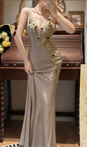 Sexy Mermaid V Neck Satin Lace Applique Without Sleeves Long Prom Dress, Evening Dress C6693