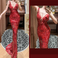 Luxurious Mermaid V Neck Red Sequin Beaded Without Sleeves Long Prom Dress, Evening Dress C6694