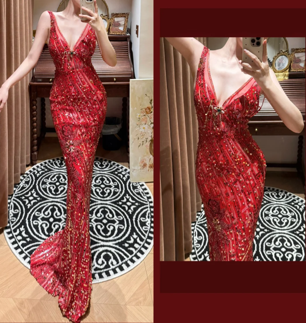 Luxurious Mermaid V Neck Red Sequin Beaded Without Sleeves Long Prom Dress, Evening Dress C6694
