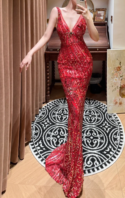 Luxurious Mermaid V Neck Red Sequin Beaded Without Sleeves Long Prom Dress, Evening Dress C6694