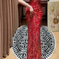 Luxurious Mermaid V Neck Red Sequin Beaded Without Sleeves Long Prom Dress, Evening Dress C6694