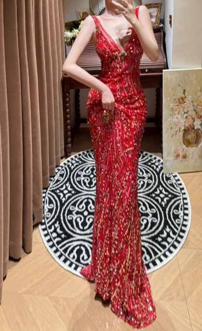 Luxurious Mermaid V Neck Red Sequin Beaded Without Sleeves Long Prom Dress, Evening Dress C6694
