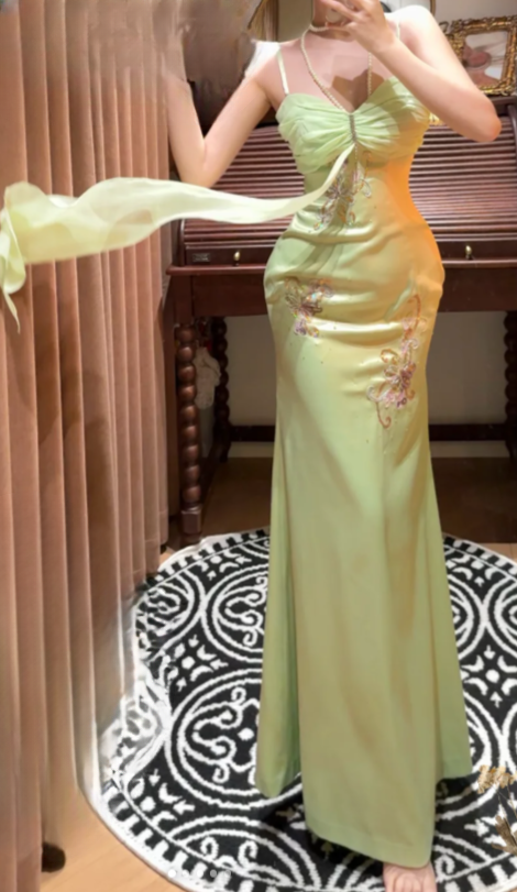 Classy Mermaid Spaghetti Straps Satin Without Sleeves Long Prom Dress, Evening Dress C6695