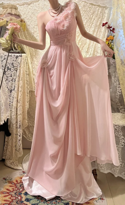 Sweet Pink A Line One Shoulder Chiffon Applique Without Sleeves Long Prom Dress, Evening Dress C6696
