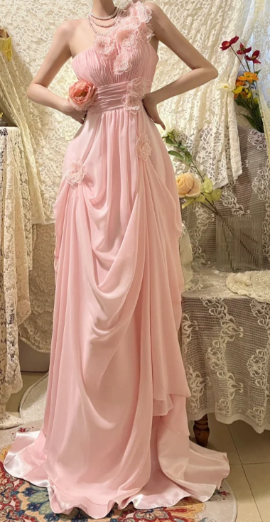 Sweet Pink A Line One Shoulder Chiffon Applique Without Sleeves Long Prom Dress, Evening Dress C6696