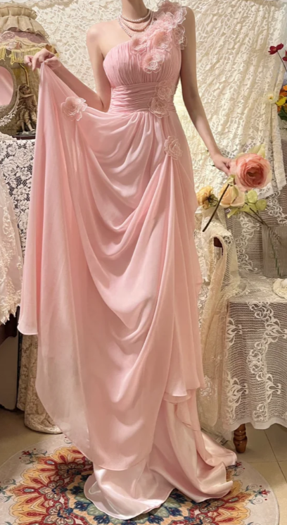 Sweet Pink A Line One Shoulder Chiffon Applique Without Sleeves Long Prom Dress, Evening Dress C6696