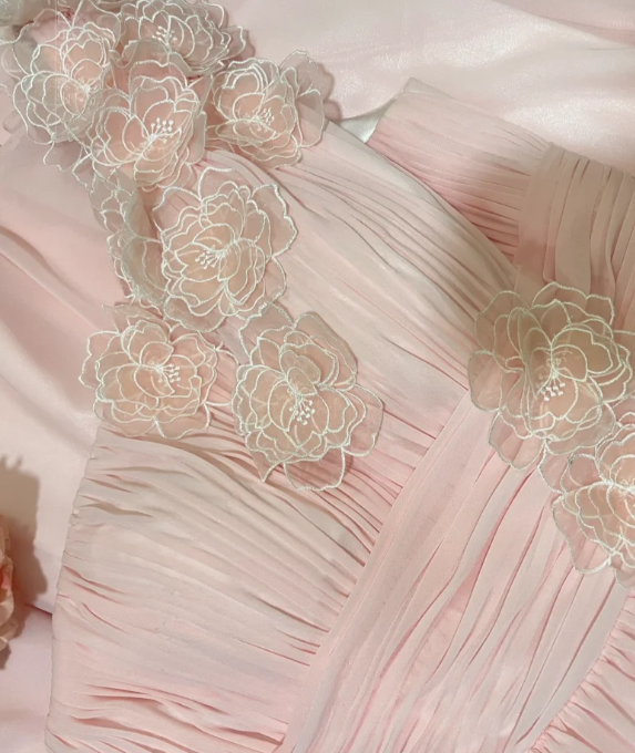 Sweet Pink A Line One Shoulder Chiffon Applique Without Sleeves Long Prom Dress, Evening Dress C6696