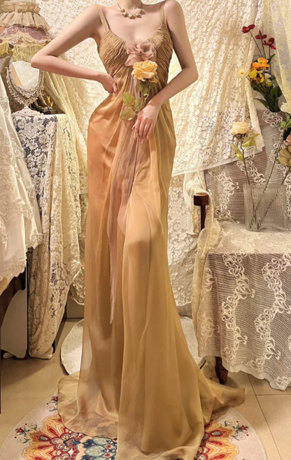 Elegant A Line Spaghetti Straps Chiffon Without Sleeves Long Prom Dress, Evening Dress C6697