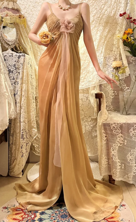 Elegant A Line Spaghetti Straps Chiffon Without Sleeves Long Prom Dress, Evening Dress C6697