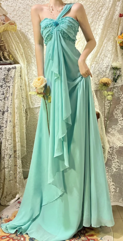Pretty A Line One Shoulder Chiffon Without Sleeves Long Prom Dress, Evening Dress C6698