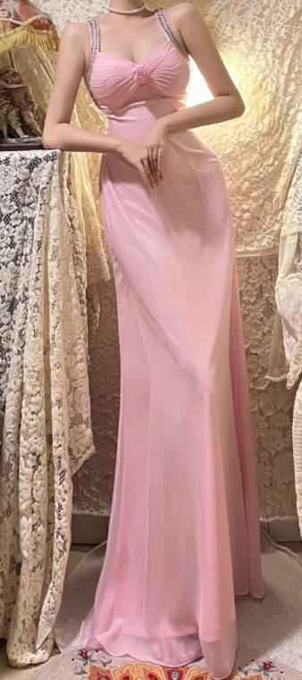 Pink Mermaid Spaghetti Straps Chiffon Beaded Without Sleeves Long Prom Dress, Evening Dress C6699