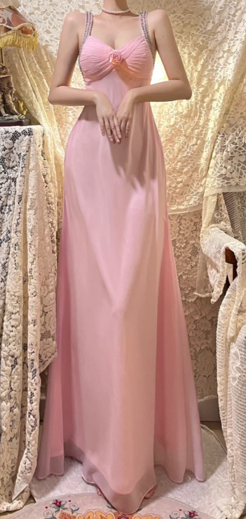 Pink Mermaid Spaghetti Straps Chiffon Beaded Without Sleeves Long Prom Dress, Evening Dress C6699