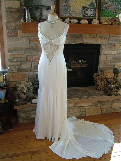 White Mermaid Spaghetti Straps Satin Beaded Without Sleeves Long Prom Dress, Evening Dress C6700