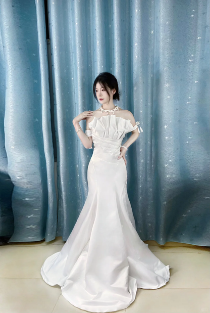 Robe de bal longue sirène élégante en satin sans manches, épaules dénudées, robe de soirée C6701