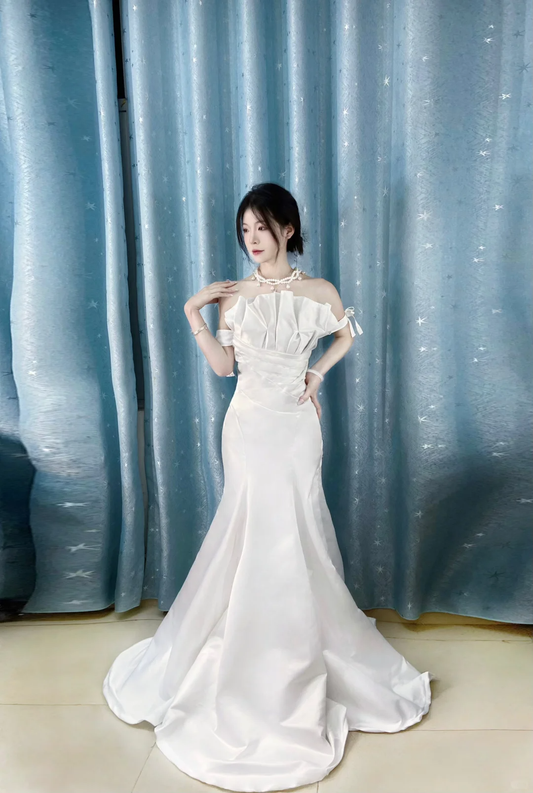 Elegant Mermaid Off The Shoulder Satin Without Sleeves Long Prom Dress, Evening Dress C6701