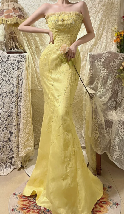 Obsessed Mermaid Strapless Satin Sequin Beaded Without Sleeves Long Prom Dress, Evening Dress C6703