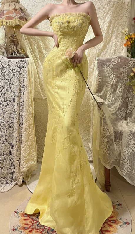 Obsessed Mermaid Strapless Satin Sequin Beaded Without Sleeves Long Prom Dress, Evening Dress C6703