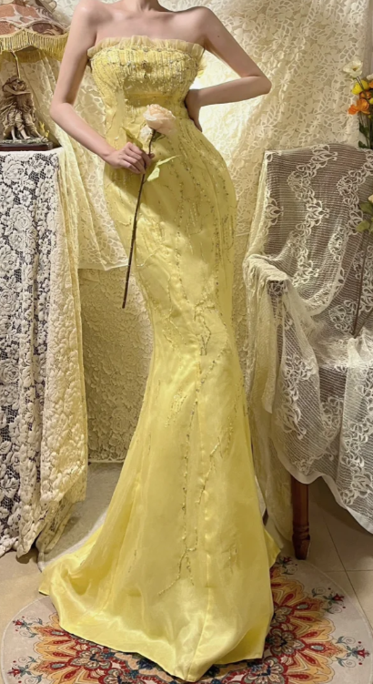 Obsessed Mermaid Strapless Satin Sequin Beaded Without Sleeves Long Prom Dress, Evening Dress C6703