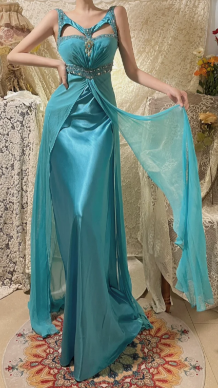 Robe de bal longue sirène en satin et mousseline, ornée de sequins et de perles, sans manches, référence C6704
