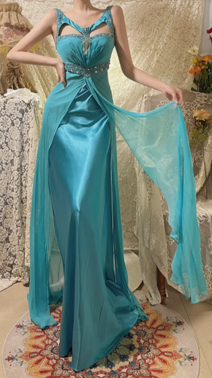 Robe de bal longue sirène en satin et mousseline, ornée de sequins et de perles, sans manches, référence C6704