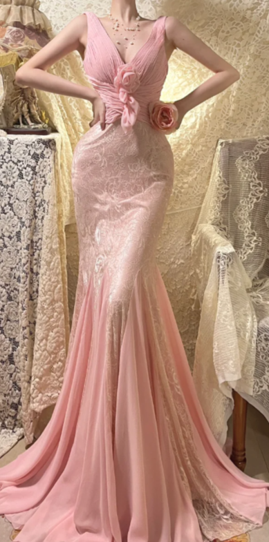 Stunning Pink Mermaid V Neck Chiffon Lace Without Sleeves Long Prom Dress, Evening Dress C6705