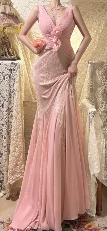 Robe de bal longue rose sirène en mousseline et dentelle, col en V, sans manches, référence C6705