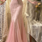 Robe de bal longue rose sirène en mousseline et dentelle, col en V, sans manches, référence C6705