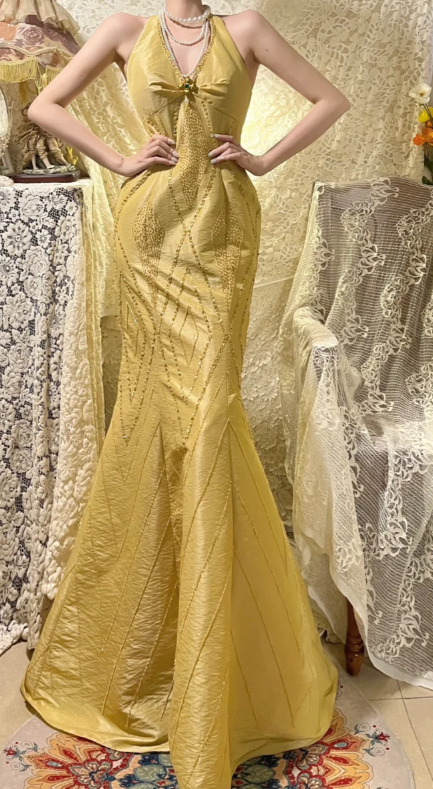 Formal Mermaid Halter Satin Sequin Beaded Without Sleeves Long Prom Dress, Evening Dress C6706