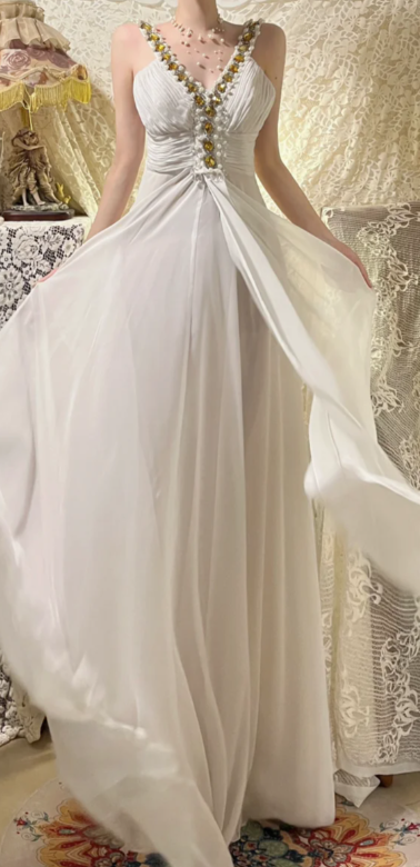 Elegant A Line V Neck Chiffon Beaded Without Sleeves Long Prom Dress, Evening Dress C6707