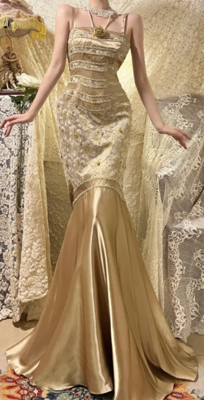 Pretty Gold Mermaid Spaghetti Straps Satin Lace Sequin Without Sleeves Long Prom Dress, Evening Dress C6710