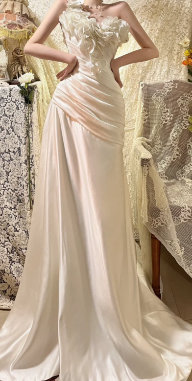 Charming Mermaid One Shoulder Pleated Satin Without Sleeves Long Prom Dress, Evening Dress C6711