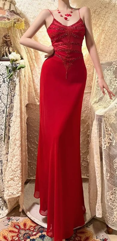 Sexy Red Mermaid Spaghetti Straps Chiffon Sequin Beaded Without Sleeves Long Prom Dress, Evening Dress C6712