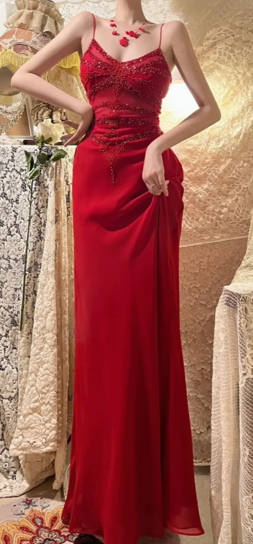 Sexy Red Mermaid Spaghetti Straps Chiffon Sequin Beaded Without Sleeves Long Prom Dress, Evening Dress C6712