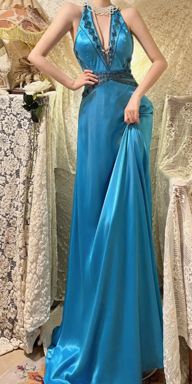 Classy Mermaid Halter V Neck Satin Sequin Beaded Backless Without Sleeves Long Prom Dress, Evening Dress C6713