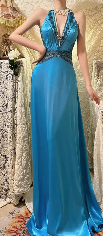 Classy Mermaid Halter V Neck Satin Sequin Beaded Backless Without Sleeves Long Prom Dress, Evening Dress C6713