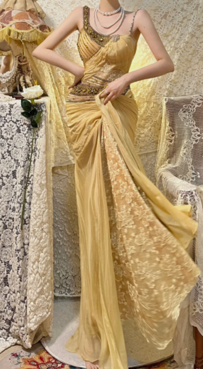 Gorgeous Mermaid Spaghetti Straps Chiffon Lace Beaded Without Sleeves Long Prom Dress, Evening Dress C6714