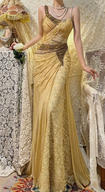 Gorgeous Mermaid Spaghetti Straps Chiffon Lace Beaded Without Sleeves Long Prom Dress, Evening Dress C6714