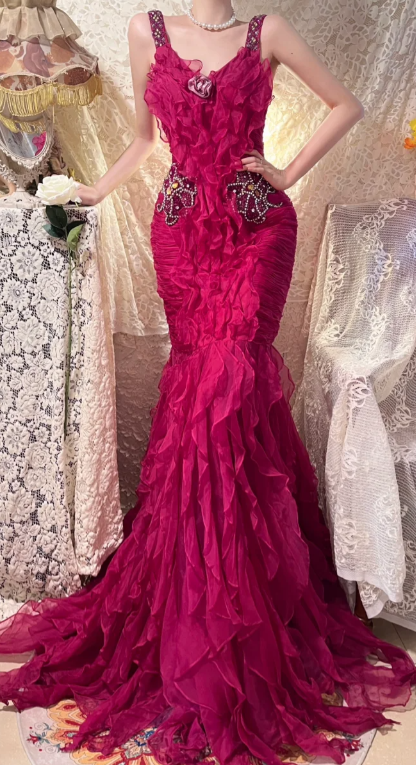 Obsessed Mermaid V Neck Ruffle Chiffon Beaded Without Sleeves Long Prom Dress, Evening Dress C6715