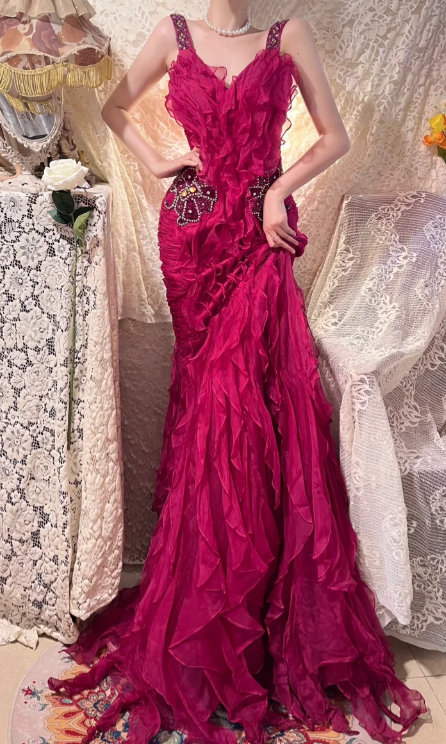 Obsessed Mermaid V Neck Ruffle Chiffon Beaded Without Sleeves Long Prom Dress, Evening Dress C6715