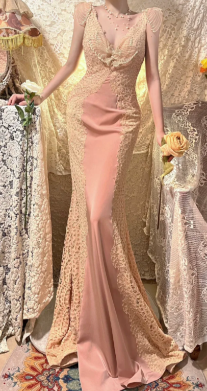 Charming Mermaid V Neck Satin Lace Beaded Without Sleeves Long Prom Dress, Evening Dress C6716